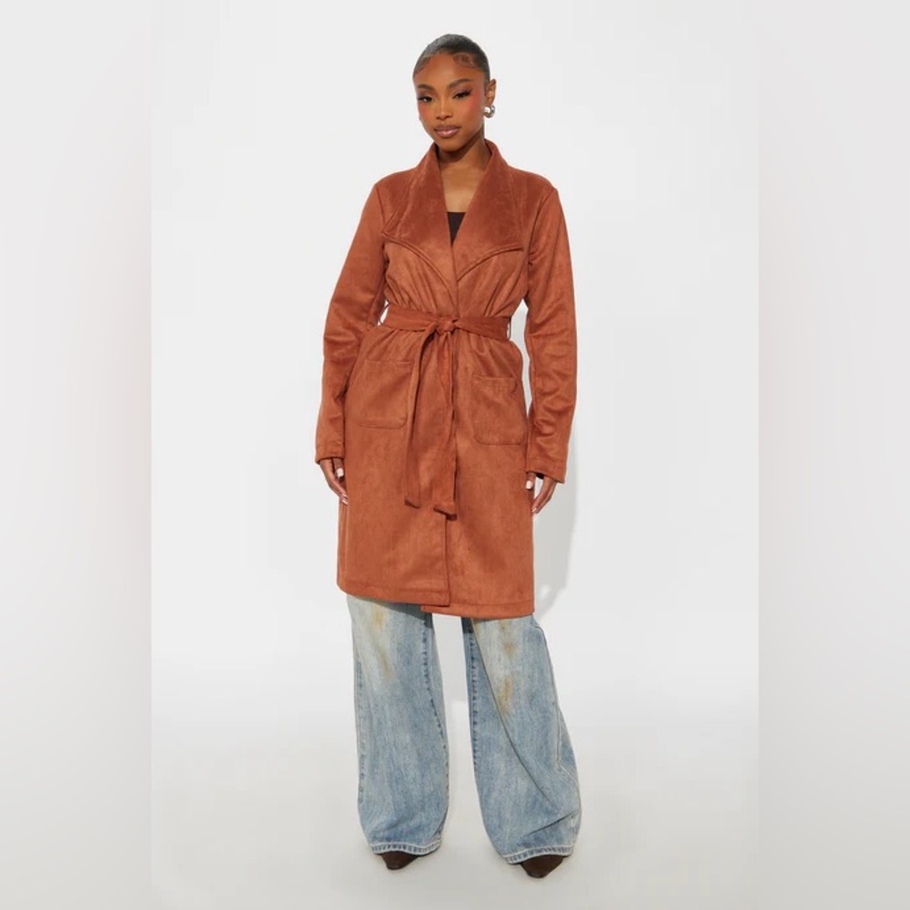 •Falling for You• Faux Suede Cognac Belted Trench Coat - Picture 2 of 4